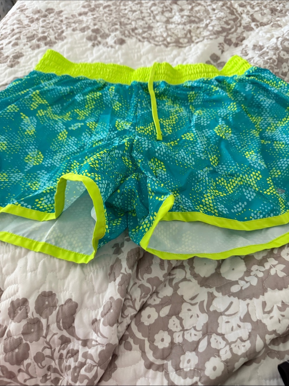 Champion Teal Print Athletic Shorts with Neon Yellow Trim